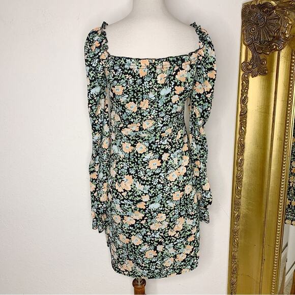 NWT Nasty Gal Apricot Black Floral Long Sleeve Sweetheart Neck Mini Dress Size 6 - Picture 3 of 7